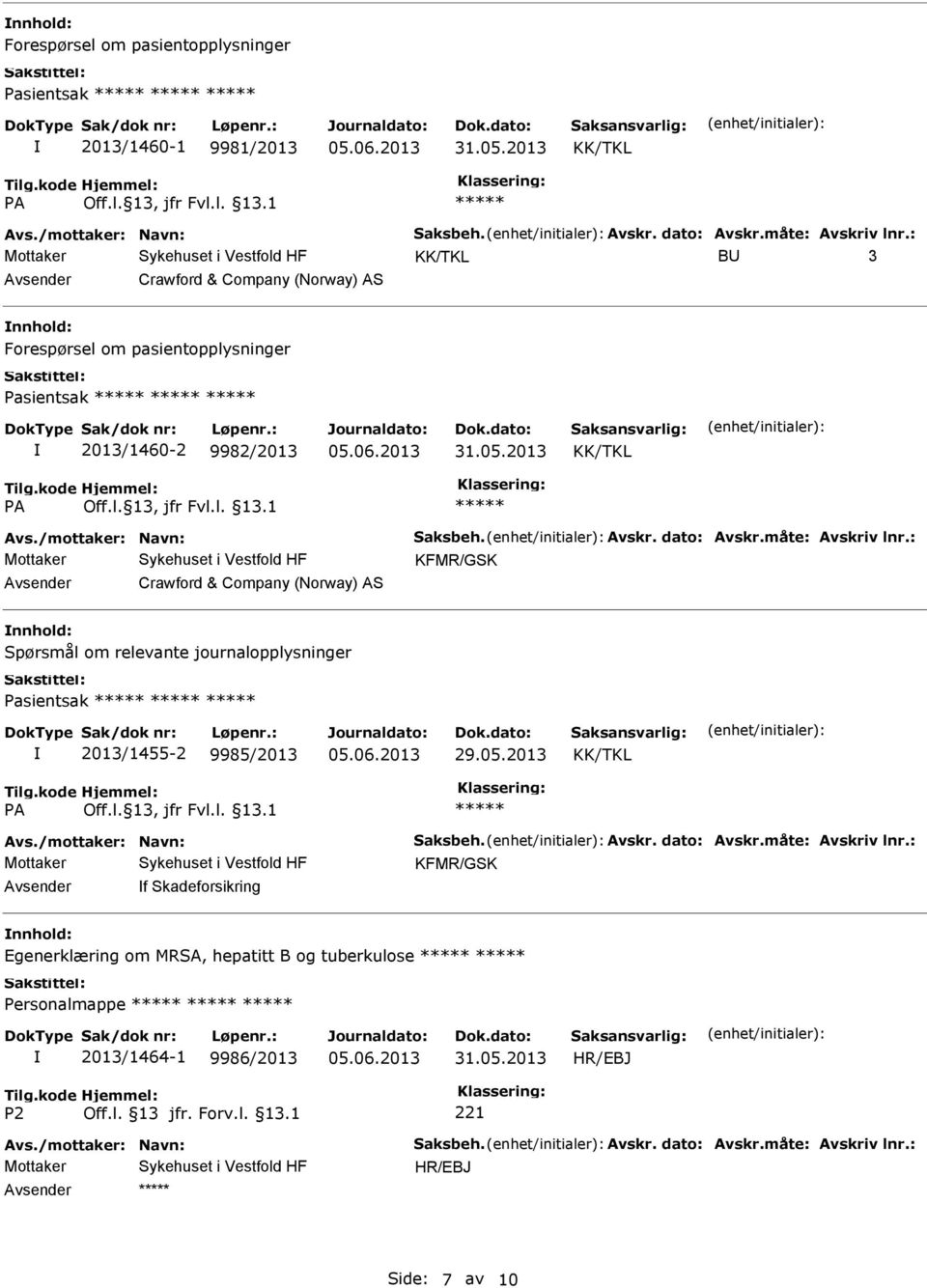 : KFMR/GSK Crawford & Company (Norway) AS Spørsmål om relevante journalopplysninger Pasientsak 2013/1455-2 9985/2013 Avs./mottaker: Navn: Saksbeh. Avskr. dato: Avskr.