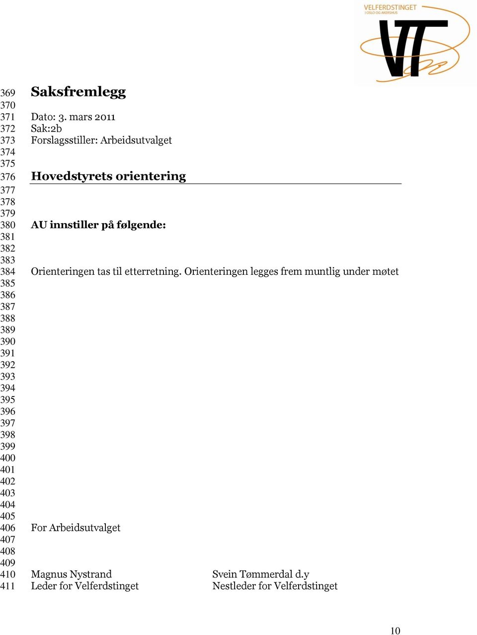 mars 2011 Sak:2b Forslagsstiller: Arbeidsutvalget Hovedstyrets orientering AU innstiller på følgende: Orienteringen tas