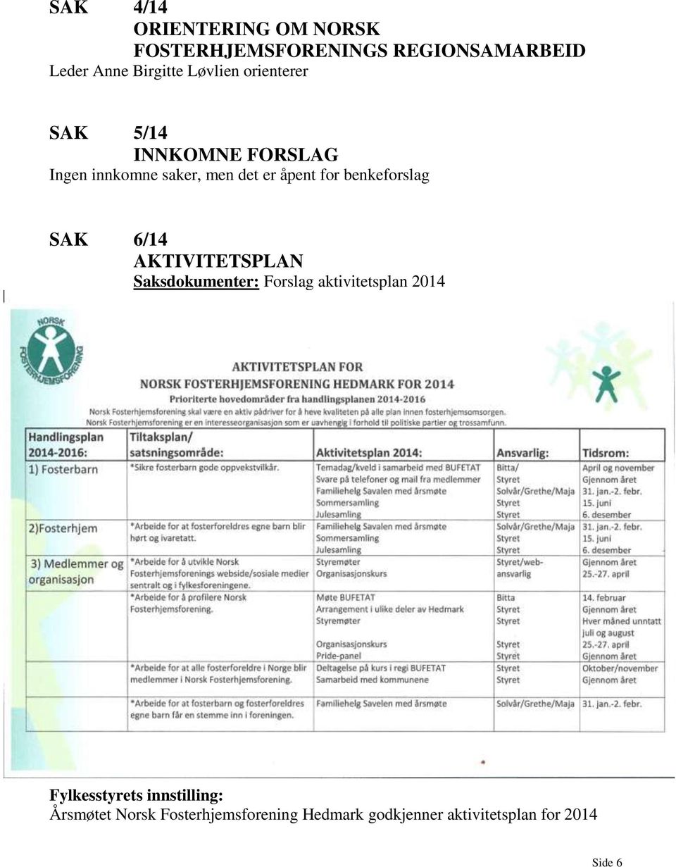 benkeforslag SAK 6/14 AKTIVITETSPLAN Saksdokumenter: Forslag aktivitetsplan 2014