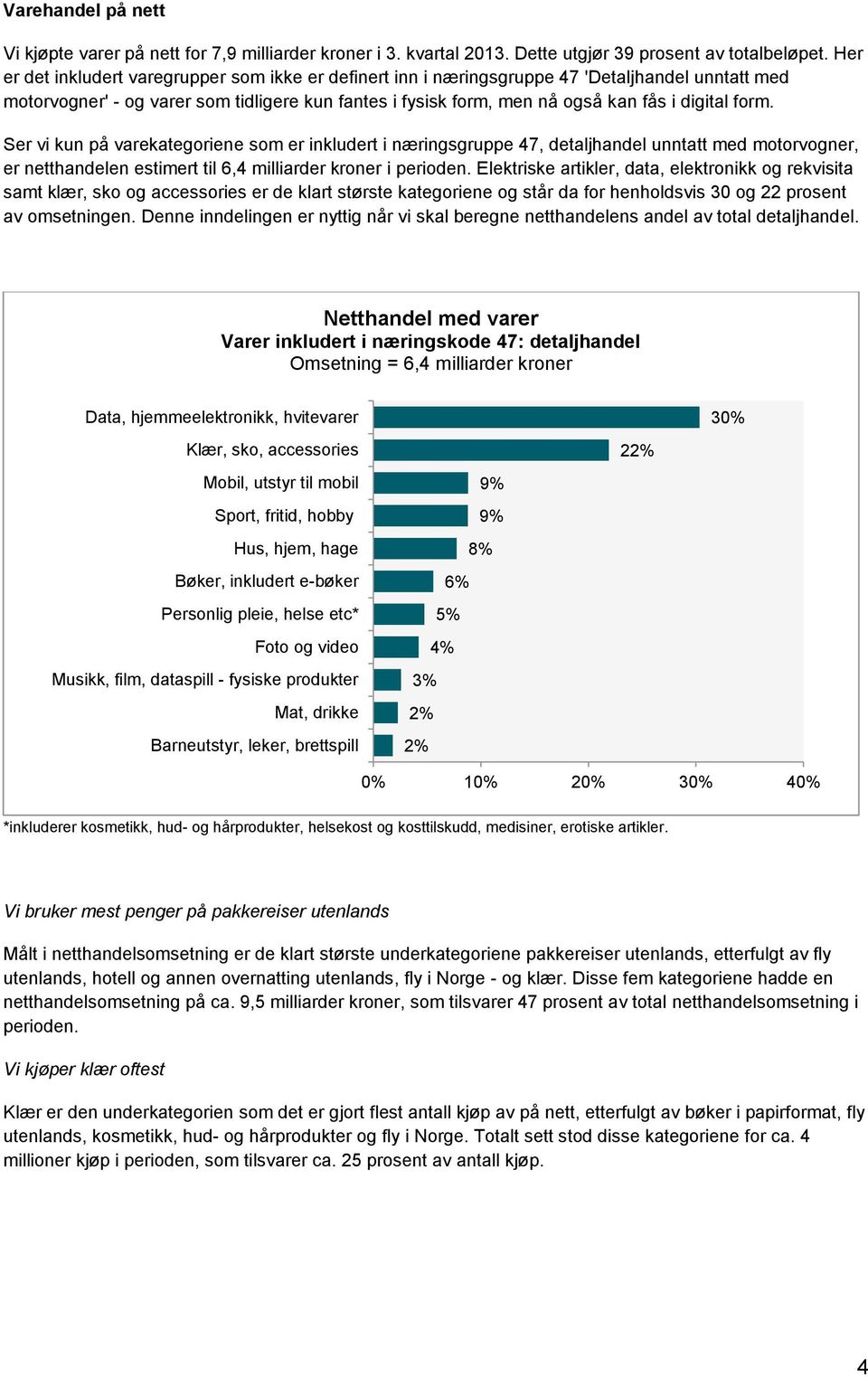 form. Ser vi kun på varekategoriene som er inkludert i næringsgruppe 47, detaljhandel unntatt med motorvogner, er netthandelen estimert til 6,4 milliarder kroner i perioden.