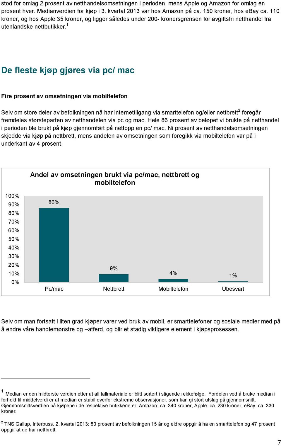 1 De fleste kjøp gjøres via pc/ mac Fire prosent av omsetningen via mobiltelefon Selv om store deler av befolkningen nå har internettilgang via smarttelefon og/eller nettbrett 2 foregår fremdeles