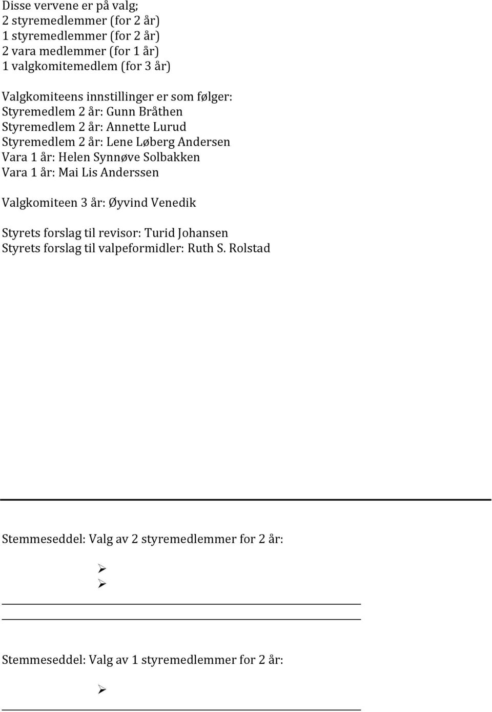 Vara 1 år: Helen Synnøve Solbakken Vara 1 år: Mai Lis Anderssen Valgkomiteen 3 år: Øyvind Venedik Styrets forslag til revisor: Turid Johansen