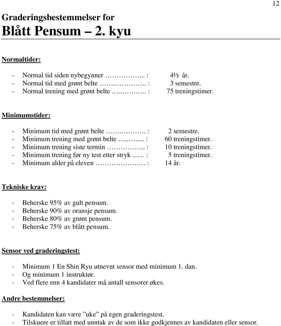 - Minimum trening før ny test etter stryk... : 5 treningstimer. - Minimum alder på eleven. : 14 år. - Beherske 95% av gult pensum. - Beherske 90% av oransje pensum. - Beherske 80% av grønt pensum.