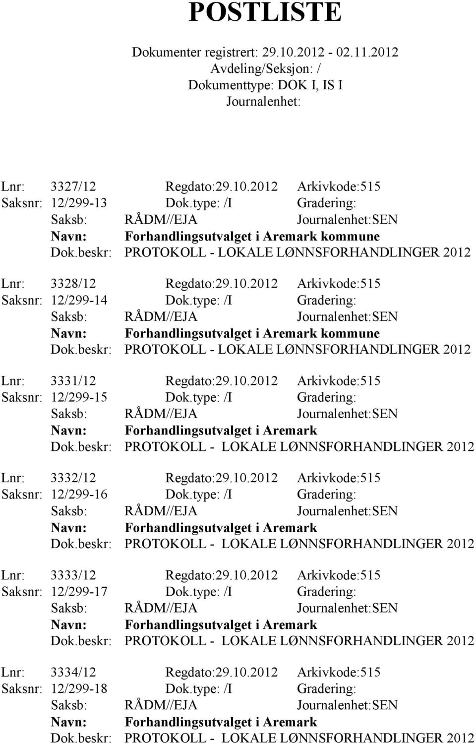 type: /I Gradering: Saksb: RÅDM//EJA SEN Forhandlingsutvalget i Aremark kommune PROTOKOLL - LOKALE LØNNSFORHANDLINGER 2012 Lnr: 3331/12 Regdato:29.10.2012 Arkivkode:515 Saksnr: 12/299-15 Dok.