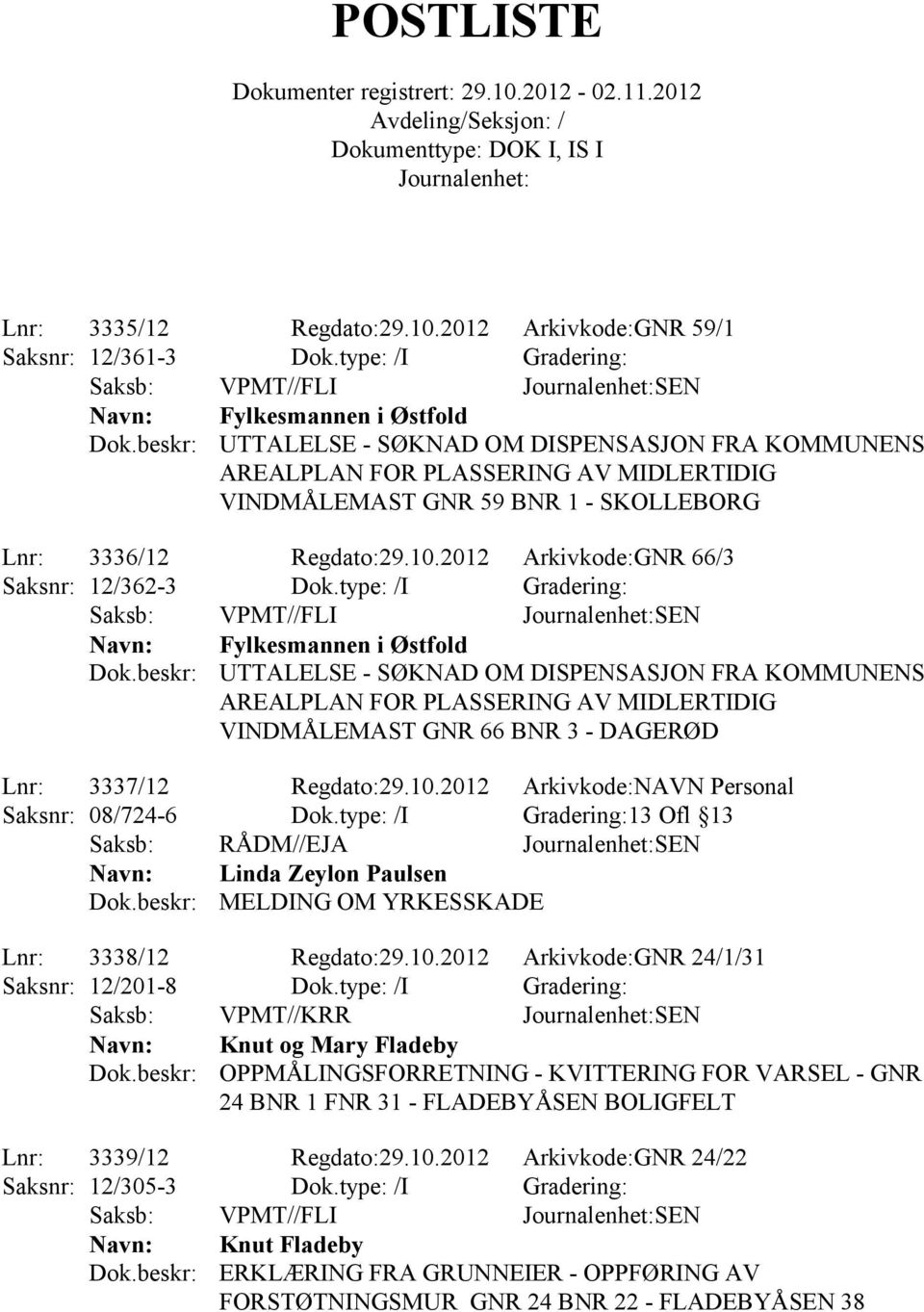 3336/12 Regdato:29.10.2012 Arkivkode:GNR 66/3 Saksnr: 12/362-3 Dok.