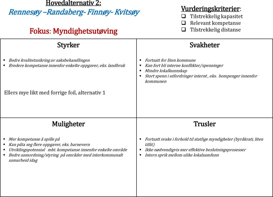 bompenger innenfor kommunen Ellers mye likt med forrige foil, alternativ 1 Mer kompetanse å spille på Kan påta seg flere oppgaver, eks. barnevern Utviklingspotensial mht.