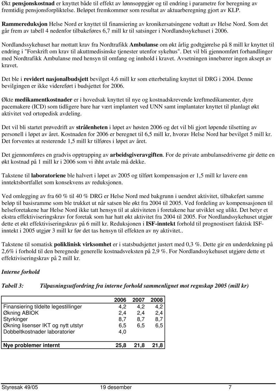 Som det går frem av tabell 4 nedenfor tilbakeføres 6,7 mill kr til satsinger i Nordlandssykehuset i 2006.