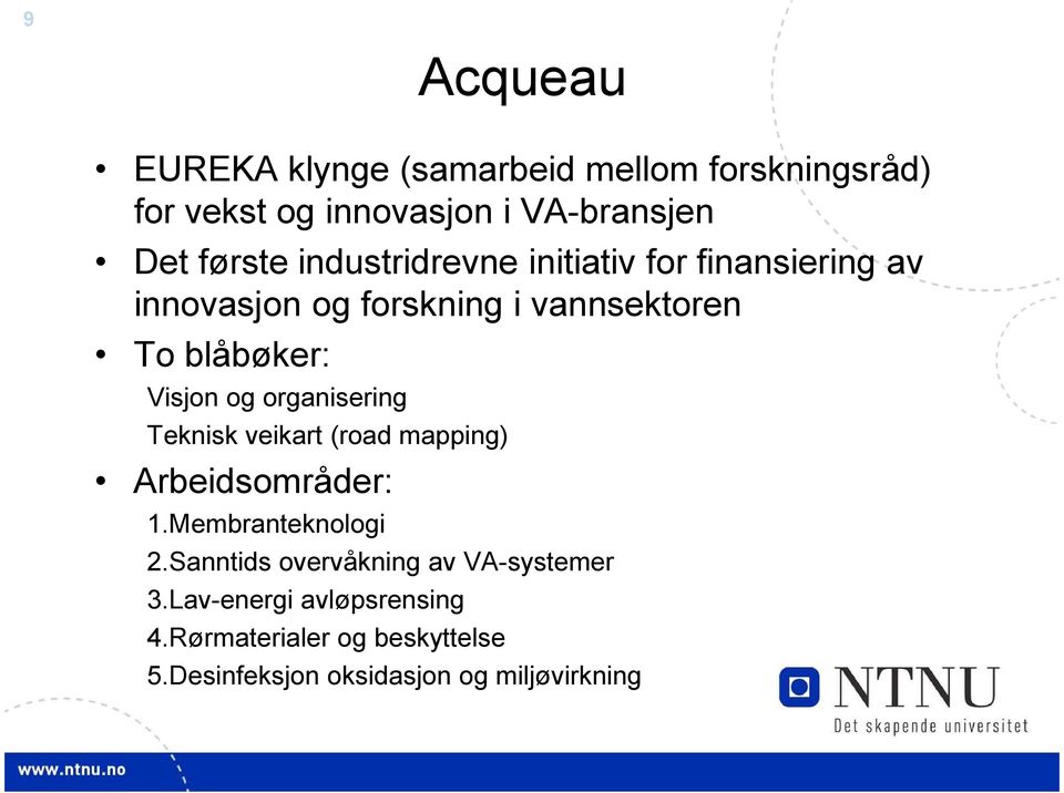 organisering Teknisk veikart (road mapping) Arbeidsområder: 1.Membranteknologi 2.