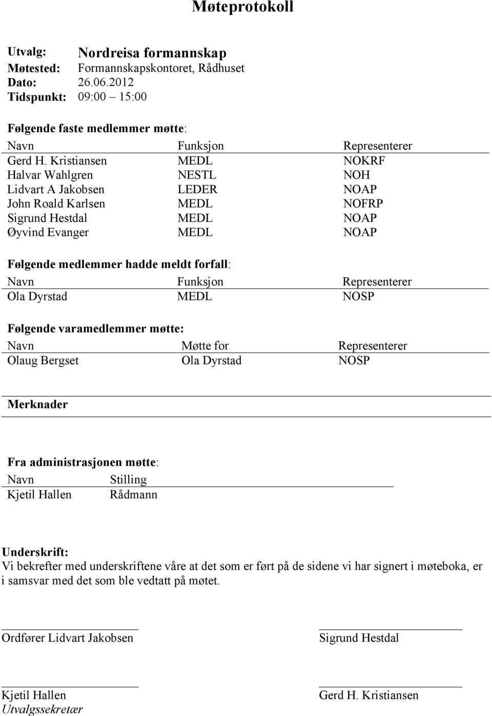 Navn Funksjon Representerer Ola Dyrstad MEDL NOSP Følgende varamedlemmer møtte: Navn Møtte for Representerer Olaug Bergset Ola Dyrstad NOSP Merknader Fra administrasjonen møtte: Navn Stilling Kjetil