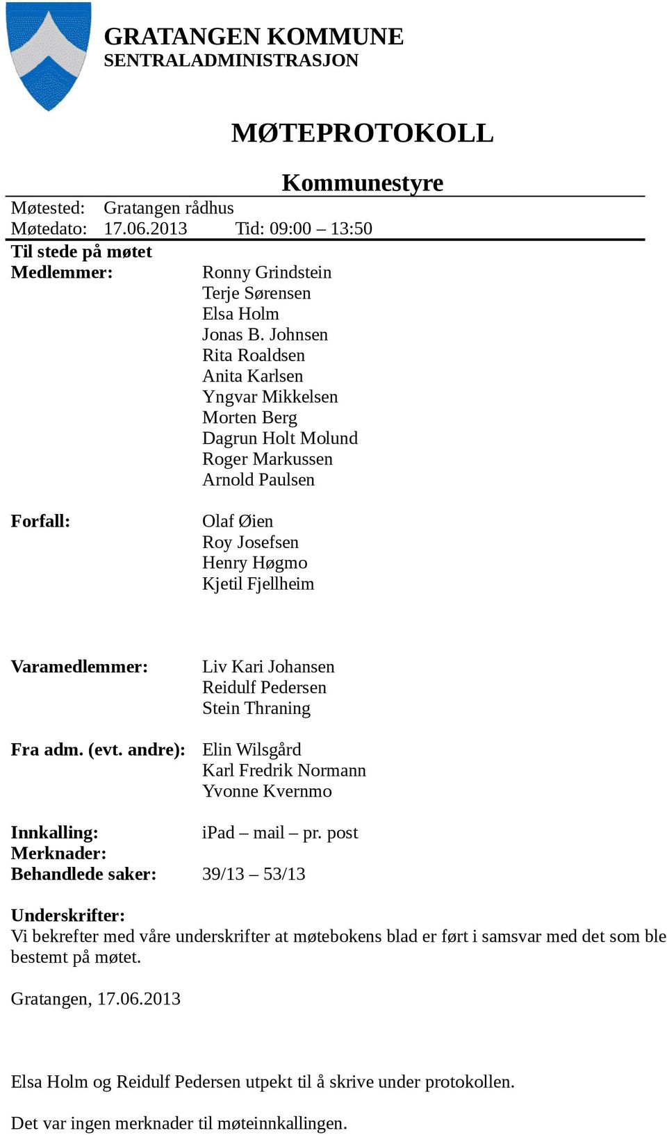 Johnsen Rita Roaldsen Anita Karlsen Yngvar Mikkelsen Morten Berg Dagrun Holt Molund Roger Markussen Arnold Paulsen Forfall: Olaf Øien Roy Josefsen Henry Høgmo Kjetil Fjellheim Varamedlemmer: Fra adm.