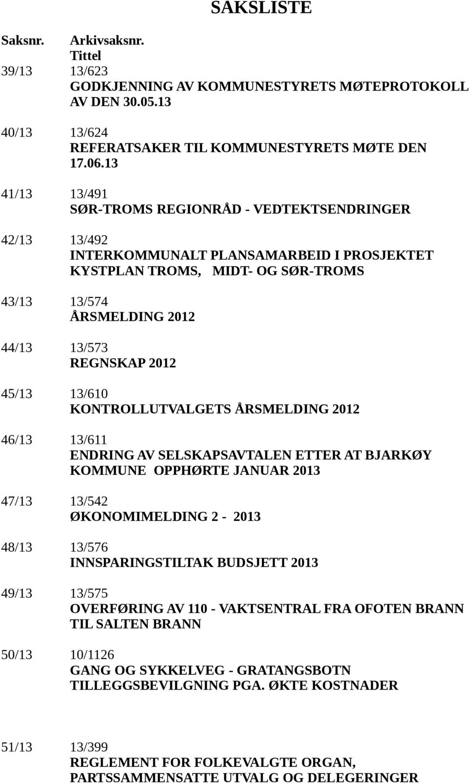 2012 45/13 13/610 KONTROLLUTVALGETS ÅRSMELDING 2012 46/13 13/611 ENDRING AV SELSKAPSAVTALEN ETTER AT BJARKØY KOMMUNE OPPHØRTE JANUAR 2013 47/13 13/542 ØKONOMIMELDING 2-2013 48/13 13/576