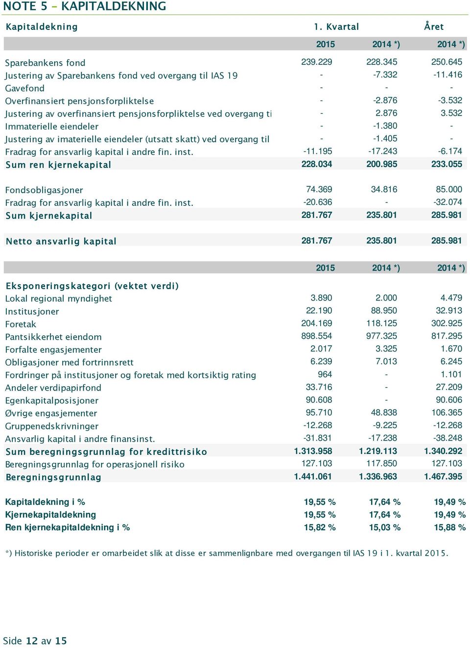 380 - Justering av imaterielle eiendeler (utsatt skatt) ved overgang til IAS 19 - -1.405 - Fradrag for ansvarlig kapital i andre fin. inst. -11.195-17.243-6.174 Sum ren kjernekapital 228.034 200.