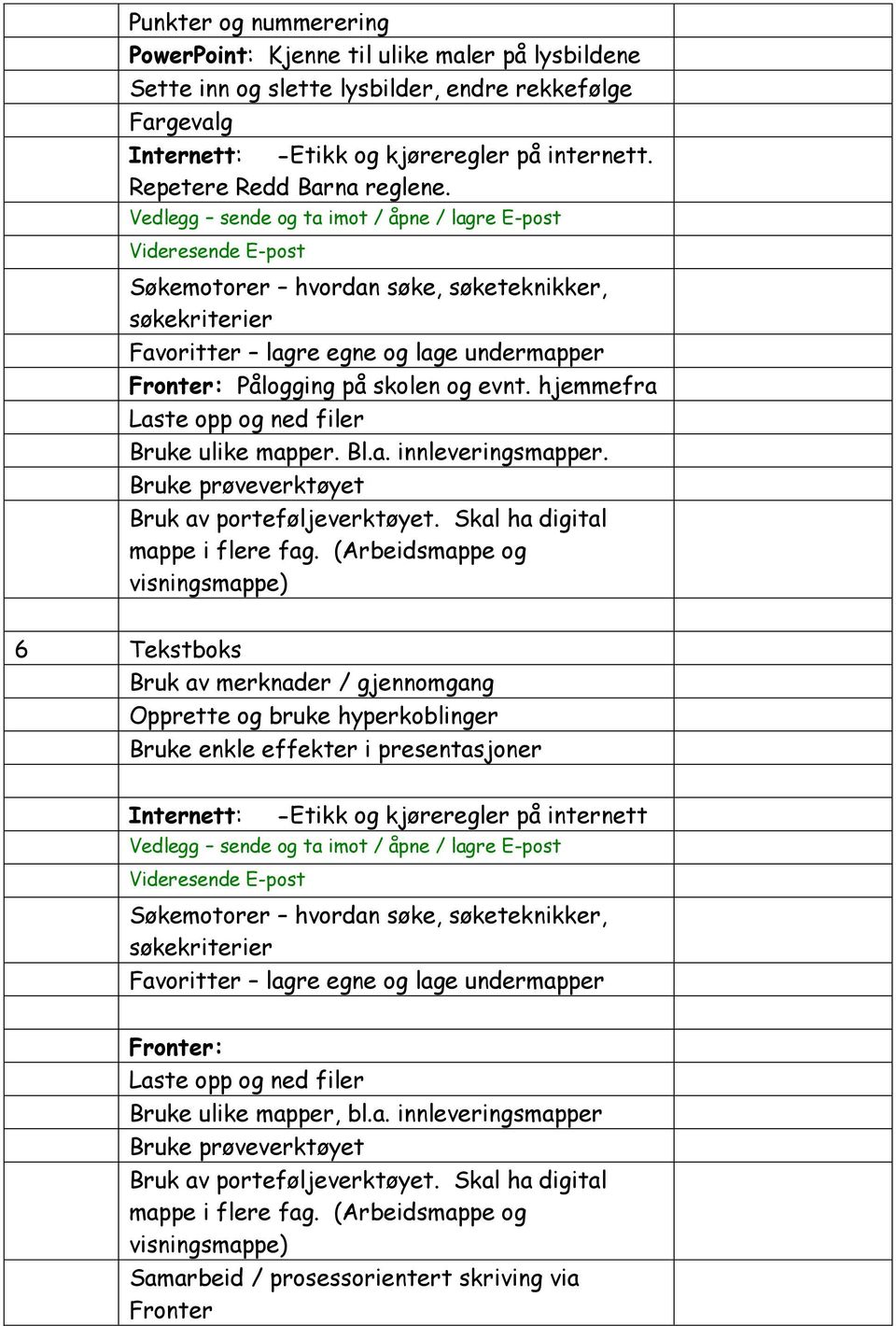 Vedlegg sende og ta imot / åpne / lagre E-post Videresende E-post Søkemotorer hvordan søke, søketeknikker, søkekriterier Favoritter lagre egne og lage undermapper : Pålogging på skolen og evnt.