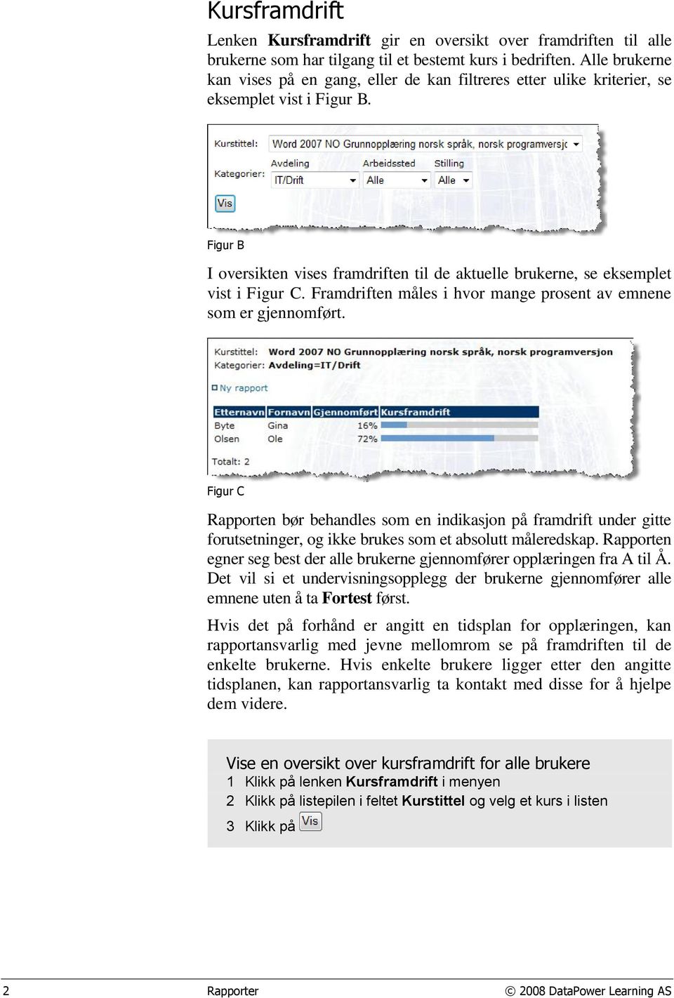 Figur B I oversikten vises framdriften til de aktuelle brukerne, se eksemplet vist i Figur C. Framdriften måles i hvor mange prosent av emnene som er gjennomført.