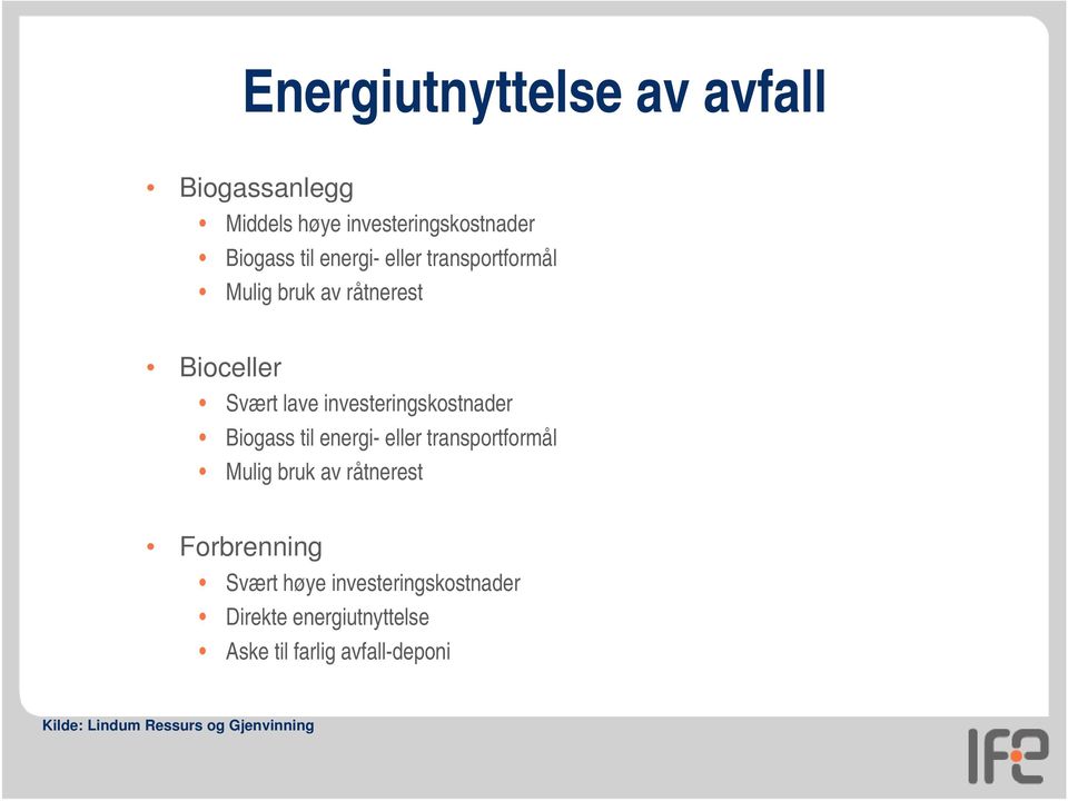 til energi- eller transportformål Mulig bruk av råtnerest Forbrenning Svært høye