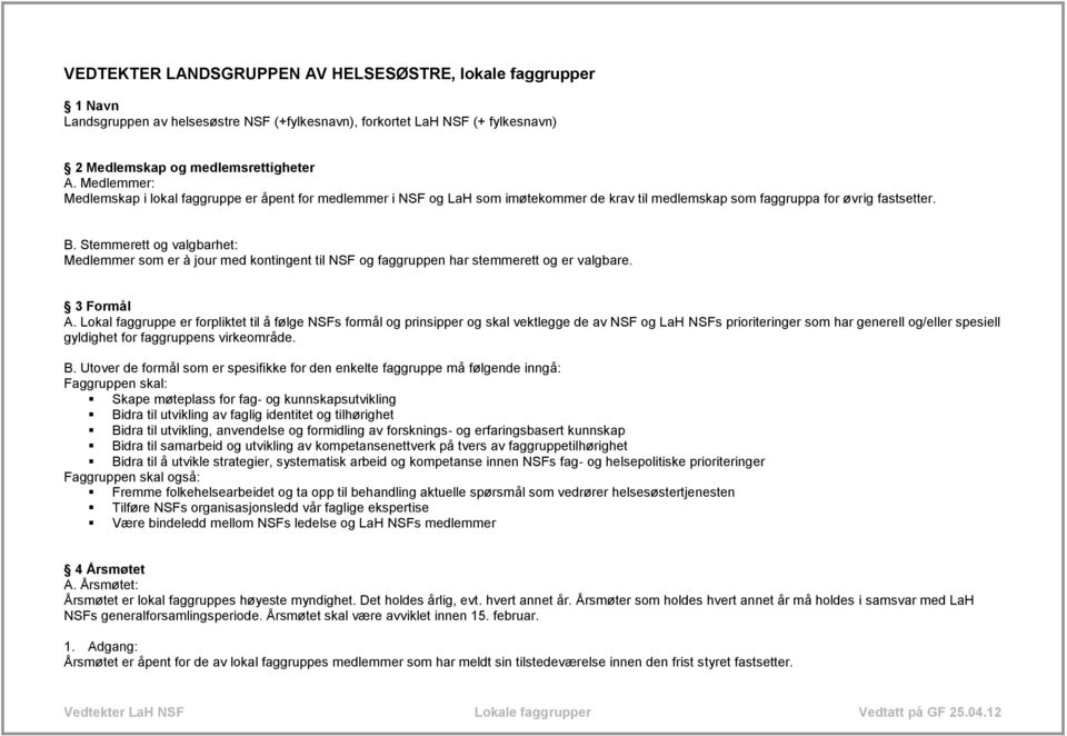 Stemmerett og valgbarhet: Medlemmer som er à jour med kontingent til NSF og faggruppen har stemmerett og er valgbare. 3 Formål A.