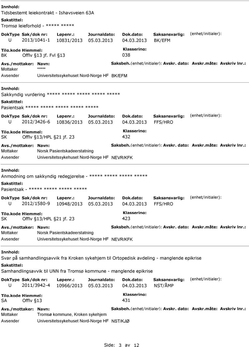 : Mottaker Norsk Pasientskadeerstatning niversitetssykehuset Nord-Norge HF NEVR/KFK Anmodning om sakkyndig redegjørelse - ***** ***** ***** ***** Pasientsak - ***** ***** ***** ***** 2012/1580-9