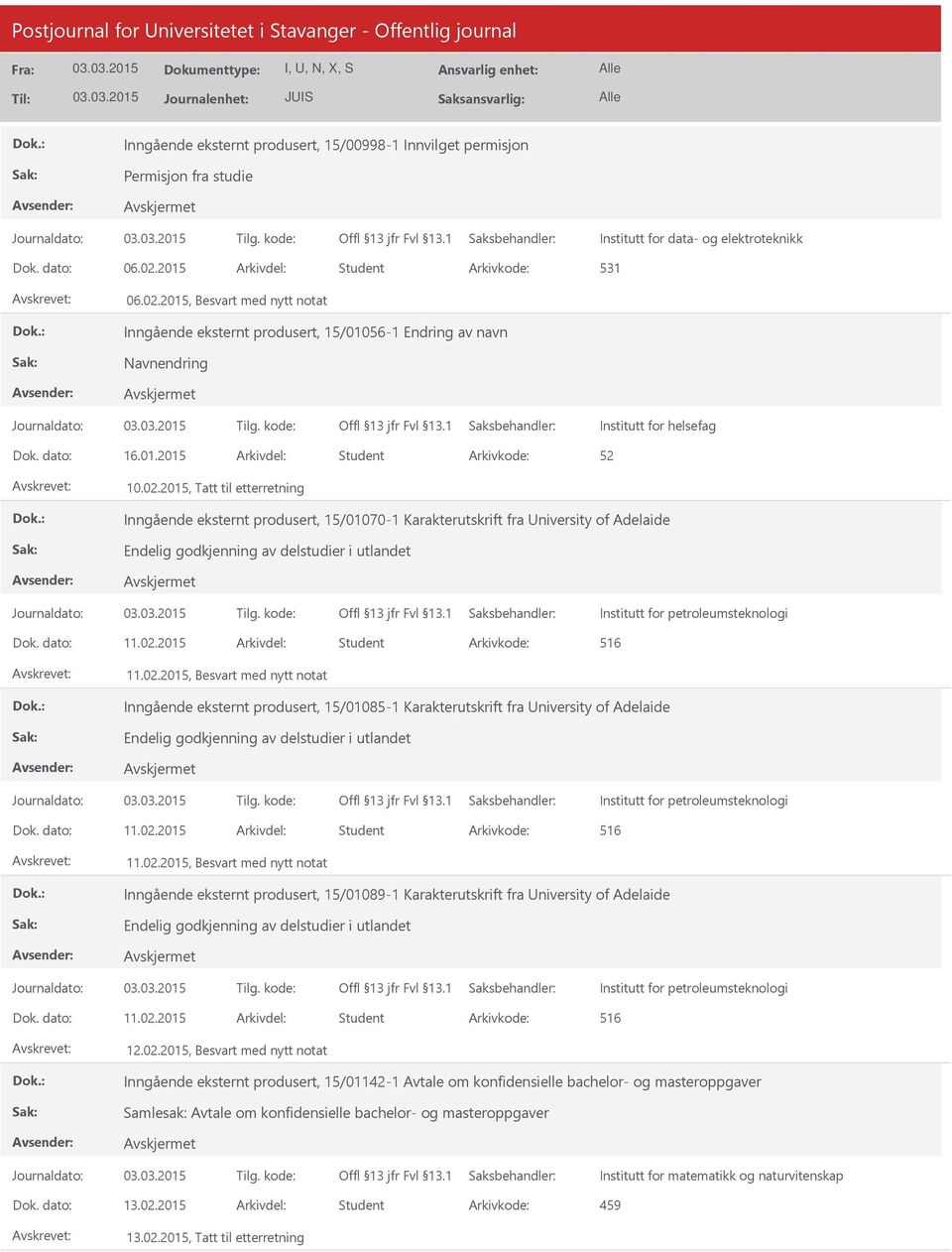 02.2015, Tatt til etterretning Inngående eksternt produsert, 15/01070-1 Karakterutskrift fra niversity of Adelaide Endelig godkjenning av delstudier i utlandet Dok. dato: 11.02.2015 Arkivdel: Student 11.