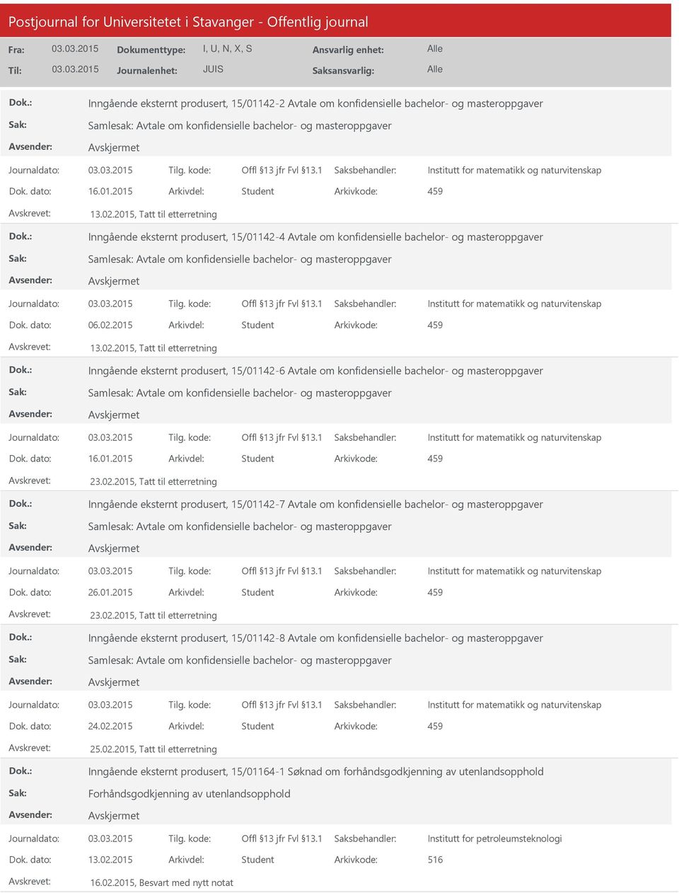 2015, Tatt til etterretning Inngående eksternt produsert, 15/01142-4 Avtale om konfidensielle bachelor- og masteroppgaver Samlesak: Avtale om konfidensielle bachelor- og masteroppgaver Institutt for