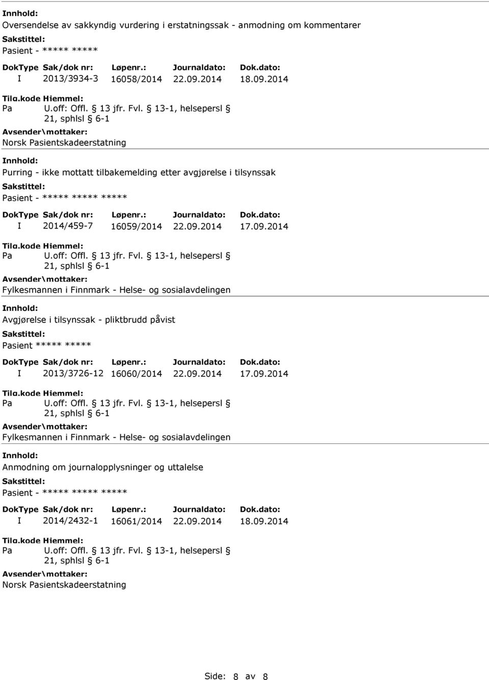 2014 Fylkesmannen i Finnmark - Helse- og sosialavdelingen nnhold: Avgjørelse i tilsynssak - pliktbrudd påvist sient ***** ***** 2013/3726-12 16060/2014 17.09.