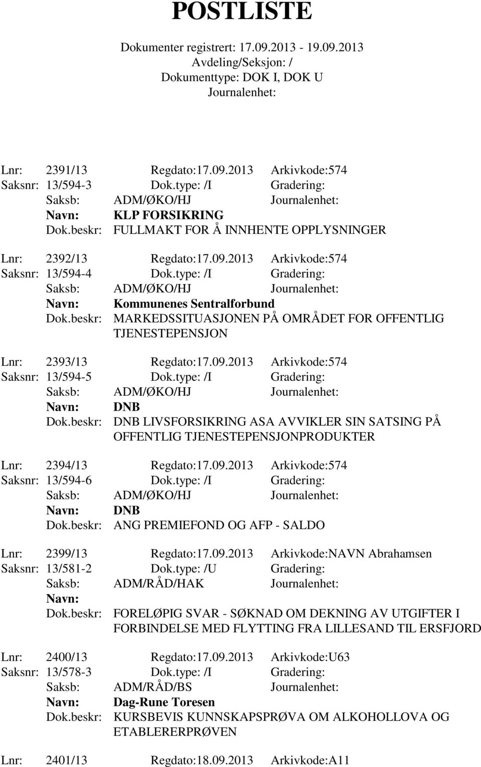 type: /I Gradering: DNB Dok.beskr: DNB LIVSFORSIKRING ASA AVVIKLER SIN SATSING PÅ OFFENTLIG TJENESTEPENSJONPRODUKTER Lnr: 2394/13 Regdato:17.09.2013 Arkivkode:574 Saksnr: 13/594-6 Dok.