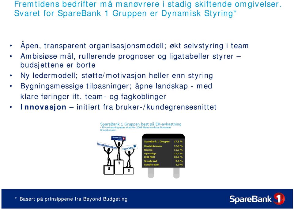 mål, rullerende prognoser og ligatabeller styrer budsjettene er borte Ny ledermodell; støtte/motivasjon heller enn styring