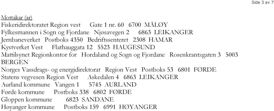 Flathauggata 12 5523 HAUGESUND Mattilsynet Regionkontor for Hordaland og Sogn og Fjordane Rosenkrantzgaten 3 5003 BERGEN Norges Vassdrags- og