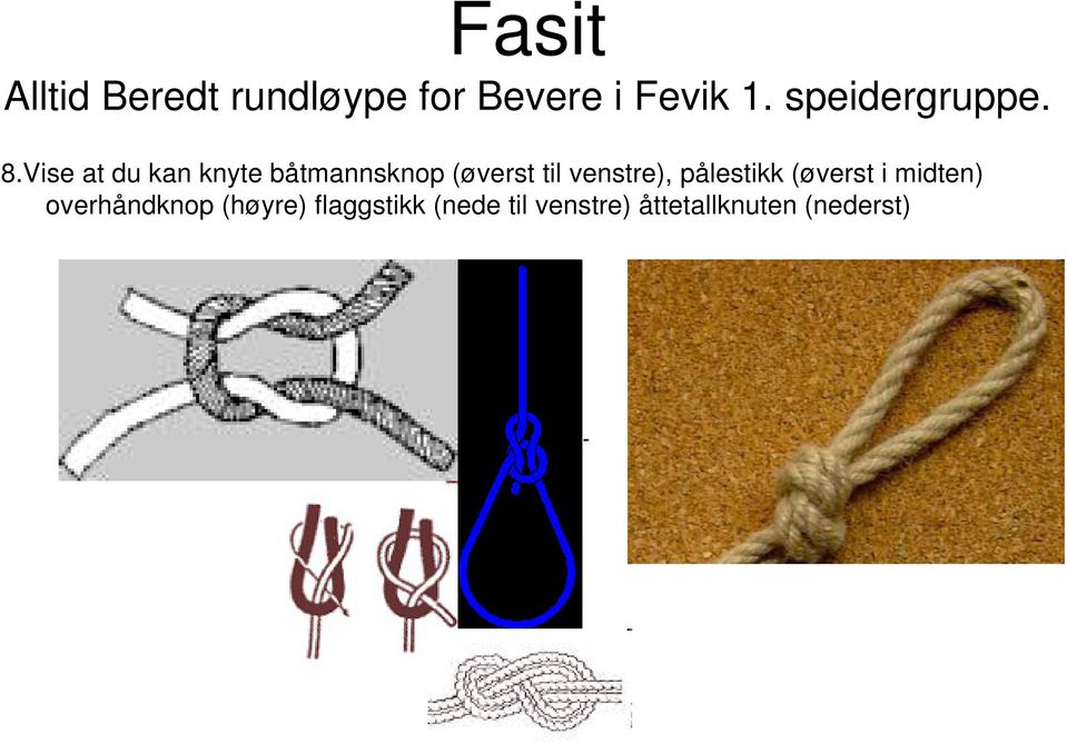 Vise at du kan knyte båtmannsknop (øverst til venstre),