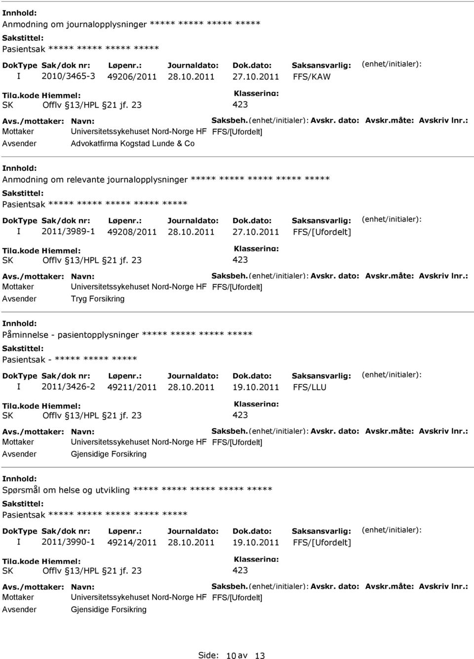 Avskr. dato: Avskr.måte: Avskriv lnr.: Mottaker FFS/[fordelt] Tryg Forsikring åminnelse - pasientopplysninger ***** ***** ***** ***** asientsak - ***** ***** ***** 2011/3426-2 49211/2011 19.10.