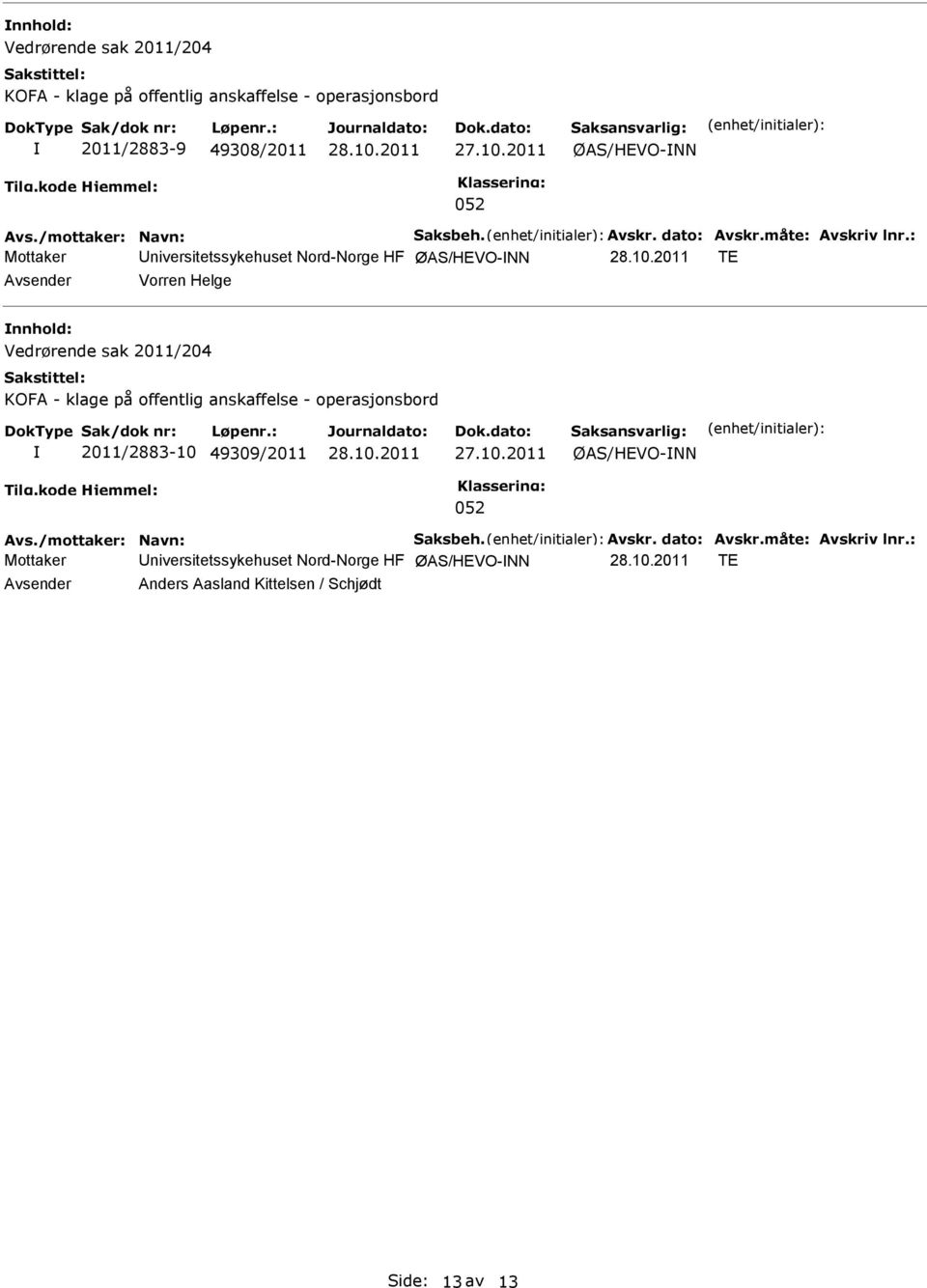 : Mottaker ØAS/HEVO-NN TE Vorren Helge Vedrørende sak 2011/204 KOFA - klage på offentlig anskaffelse - operasjonsbord