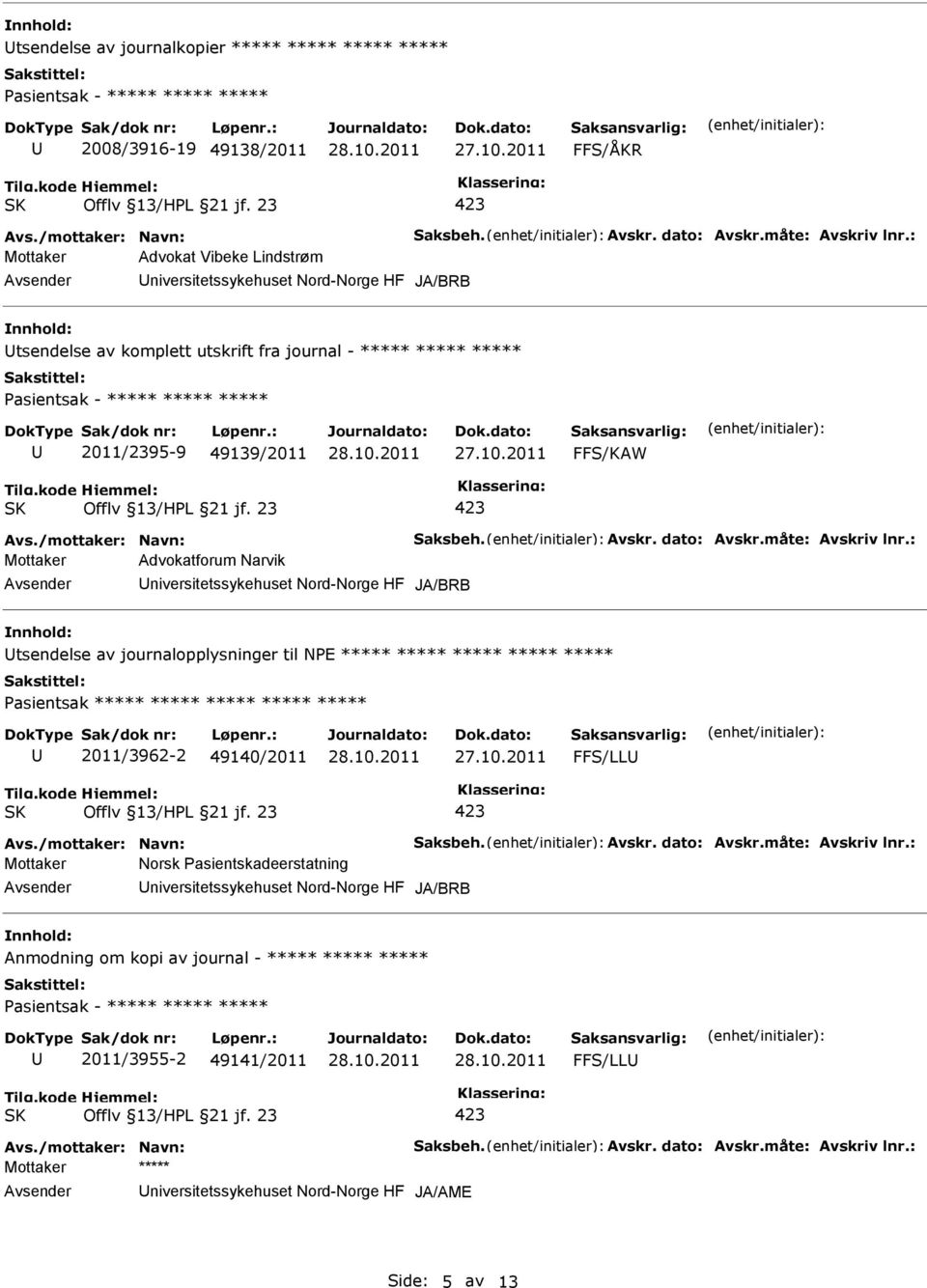 Avskr. dato: Avskr.måte: Avskriv lnr.: Mottaker Advokatforum Narvik JA/BRB tsendelse av journalopplysninger til NE ***** ***** ***** ***** ***** 2011/3962-2 49140/2011 FFS/LL Avs.