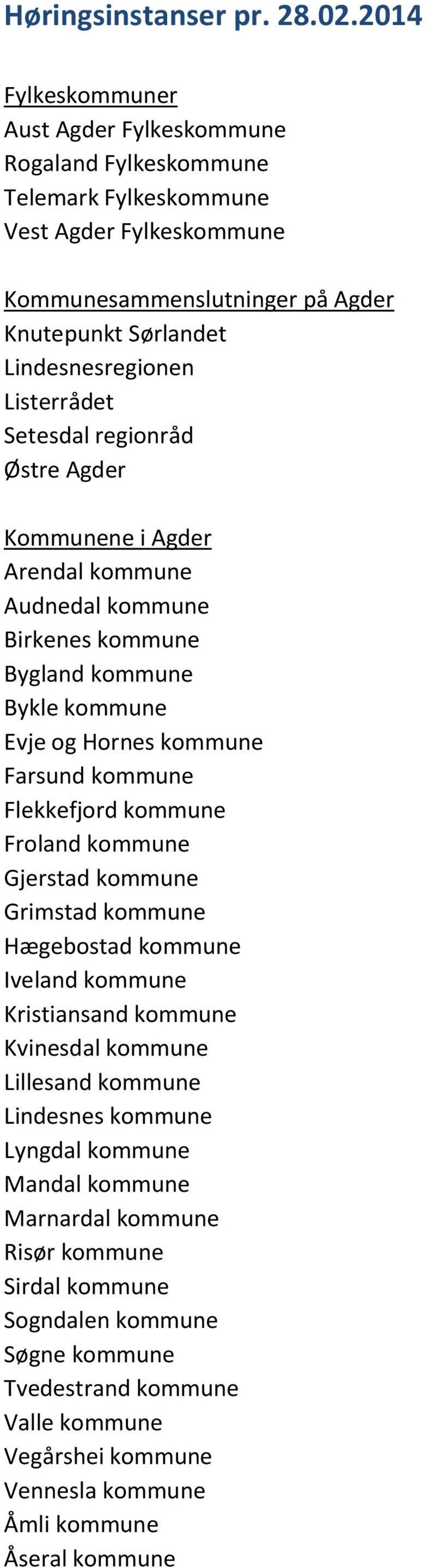 Listerrådet Setesdal regionråd Østre Agder Kommunene i Agder Arendal kommune Audnedal kommune Birkenes kommune Bygland kommune Bykle kommune Evje og Hornes kommune Farsund kommune Flekkefjord