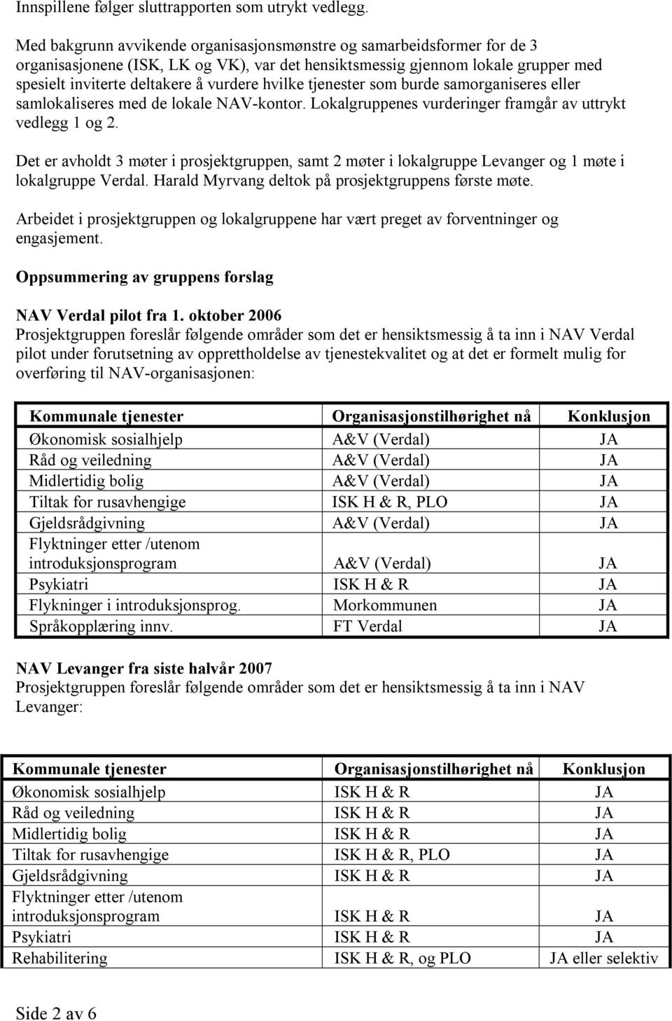 hvilke tjenester som burde samorganiseres eller samlokaliseres med de lokale NAV-kontor. Lokalgruppenes vurderinger framgår av uttrykt vedlegg 1 og 2.