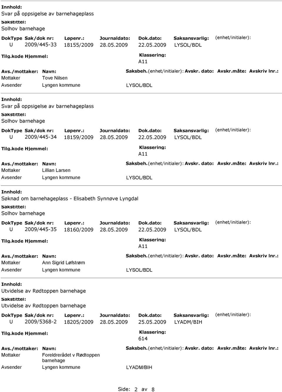 : Lillian Larsen Søknad om barnehagelass - lisabeth Synnøve Lyngdal Solhov barnehage 2009/445-35 18160/2009 A11 Avs./mottaker: Navn: Saksbeh. Avskr. dato: Avskr.måte: Avskriv lnr.