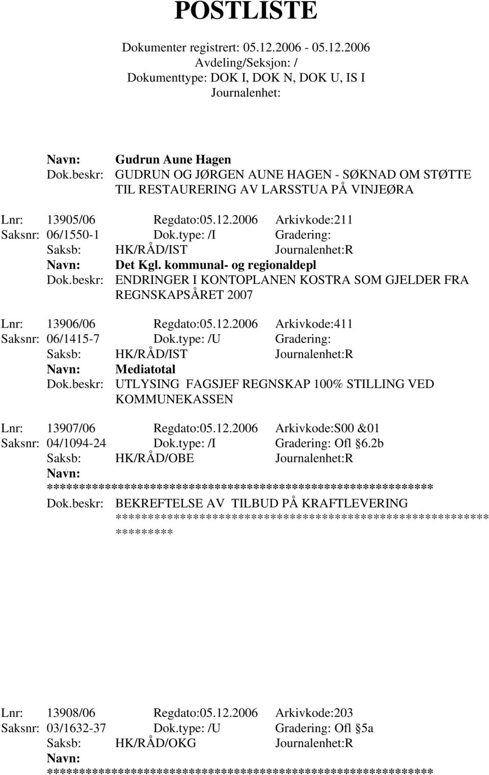 2006 Arkivkode:411 Saksnr: 06/1415-7 Dok.type: /U Gradering: Saksb: HK/RÅD/IST R Mediatotal Dok.beskr: UTLYSING FAGSJEF REGNSKAP 100% STILLING VED KOMMUNEKASSEN Lnr: 13907/06 Regdato:05.12.