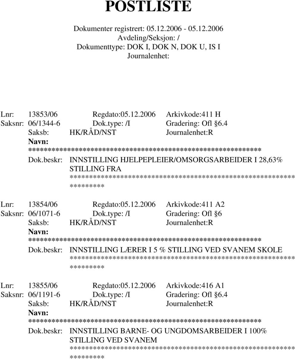 type: /I Gradering: Ofl 6 Saksb: HK/RÅD/NST R ** Dok.beskr: INNSTILLING LÆRER I 5 % STILLING VED SVANEM SKOLE Lnr: 13855/06 Regdato:05.12.