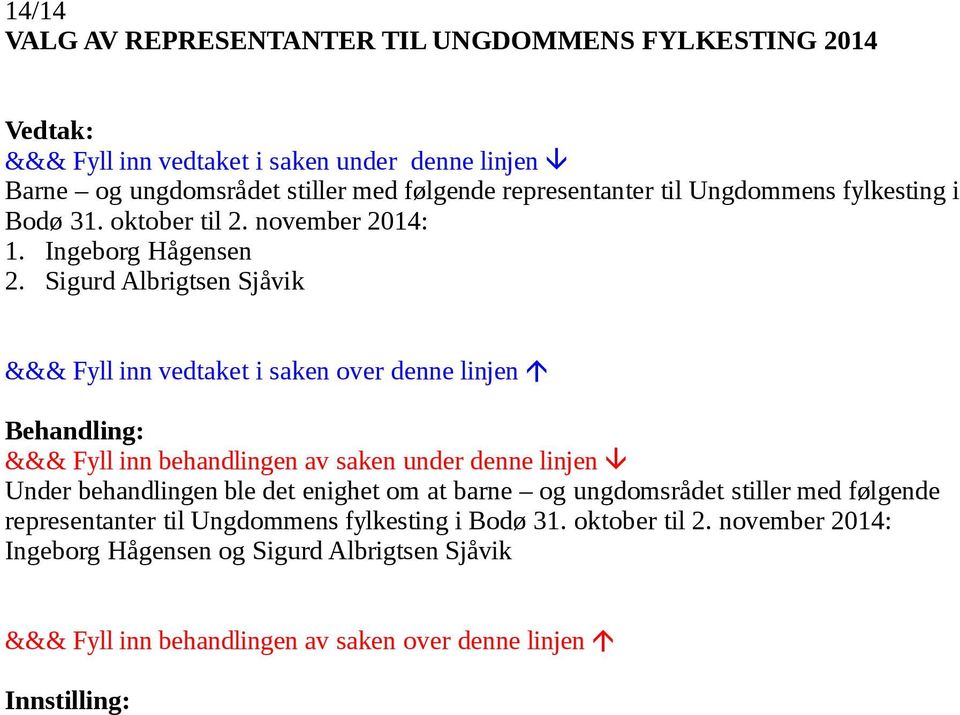 Sigurd Albrigtsen Sjåvik Under behandlingen ble det enighet om at barne og ungdomsrådet stiller med følgende