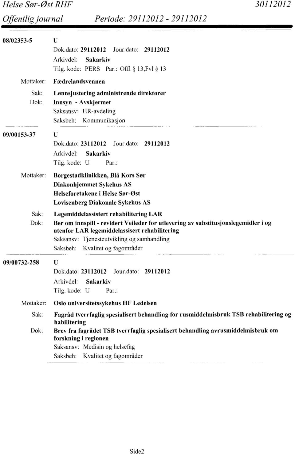 dato: 29112012 Mottaker: Borgestadklinikken, Blå Kors Sør Diakonhjemmet Sykehus AS Helseforetakene i Helse Sør-Øst Lovisenberg Diakonale Sykehus AS Sak: Legemiddelassistert rehabilitering LAR Dok: