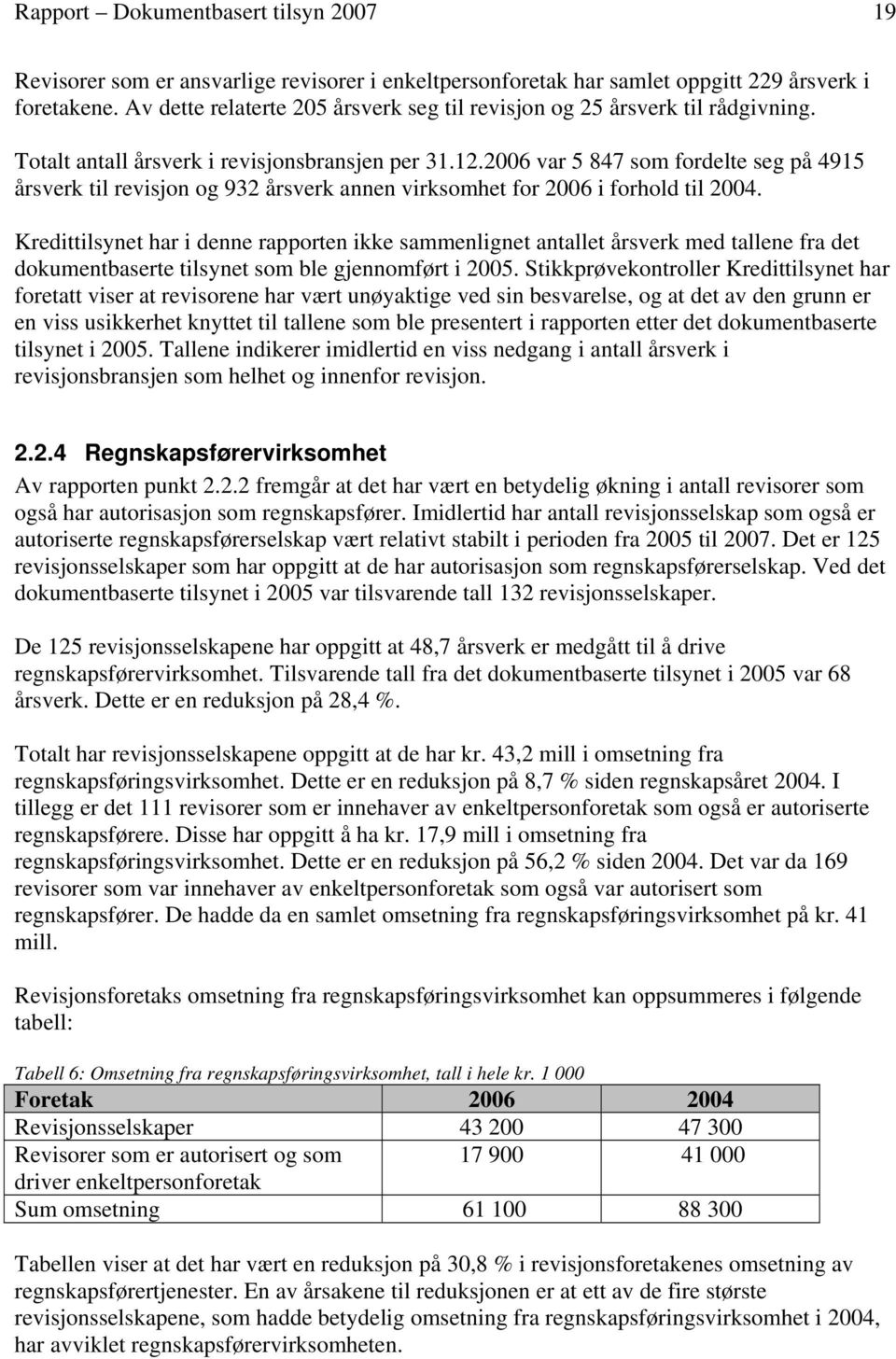 2006 var 5 847 som fordelte seg på 4915 årsverk til revisjon og 932 årsverk annen virksomhet for 2006 i forhold til 2004.