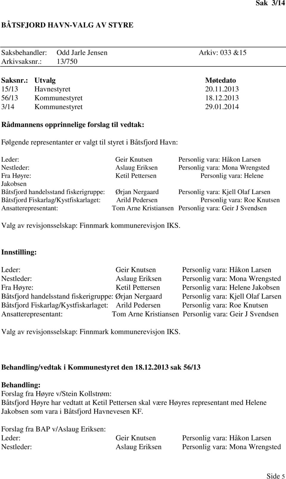 Høyre: Ketil Pettersen Personlig vara: Helene Jakobsen Behandling/vedtak i Kommunestyret den 18.12.