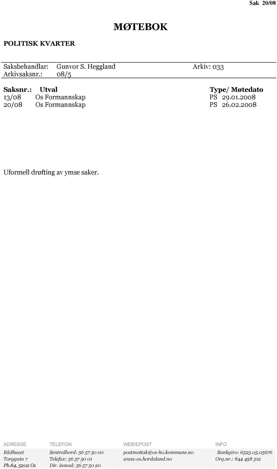 : Utval Type/ Møtedato 13/08 Os Formannskap PS 29.01.