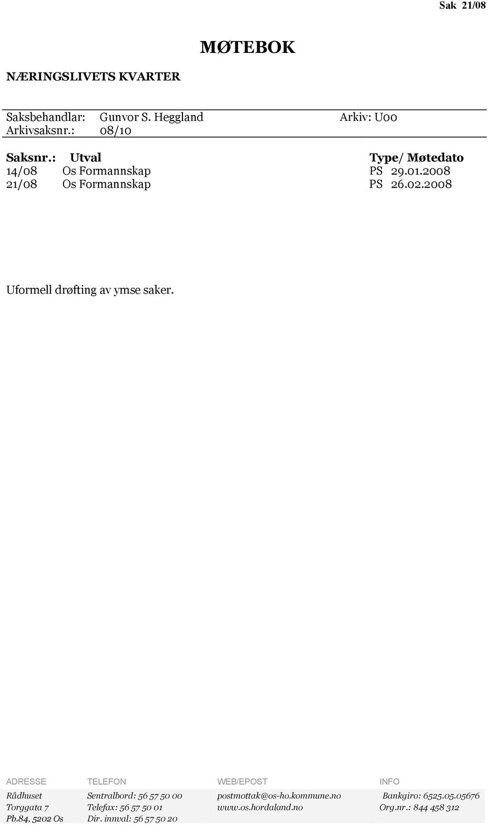 : Utval Type/ Møtedato 14/08 Os Formannskap PS 29.01.