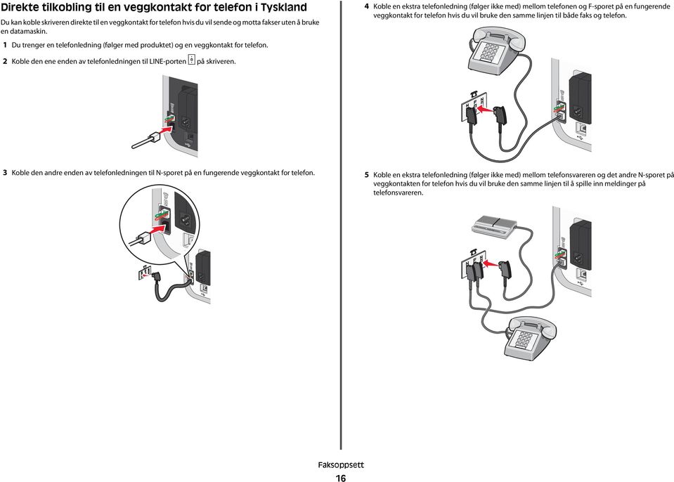 4 Koble en ekstra telefonledning (følger ikke med) mellom telefonen og F-sporet på en fungerende veggkontakt for telefon hvis du vil bruke den samme linjen til både faks og telefon.