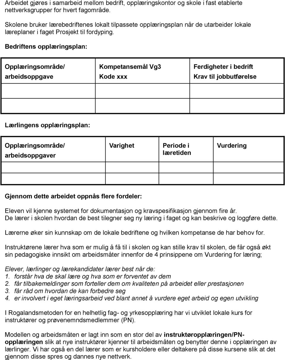 Bedriftens opplæringsplan: Opplæringsområde/ Kompetansemål Vg3 Ferdigheter i bedrift arbeidsoppgave Kode xxx Krav til jobbutførelse Lærlingens opplæringsplan: Opplæringsområde/ arbeidsoppgaver