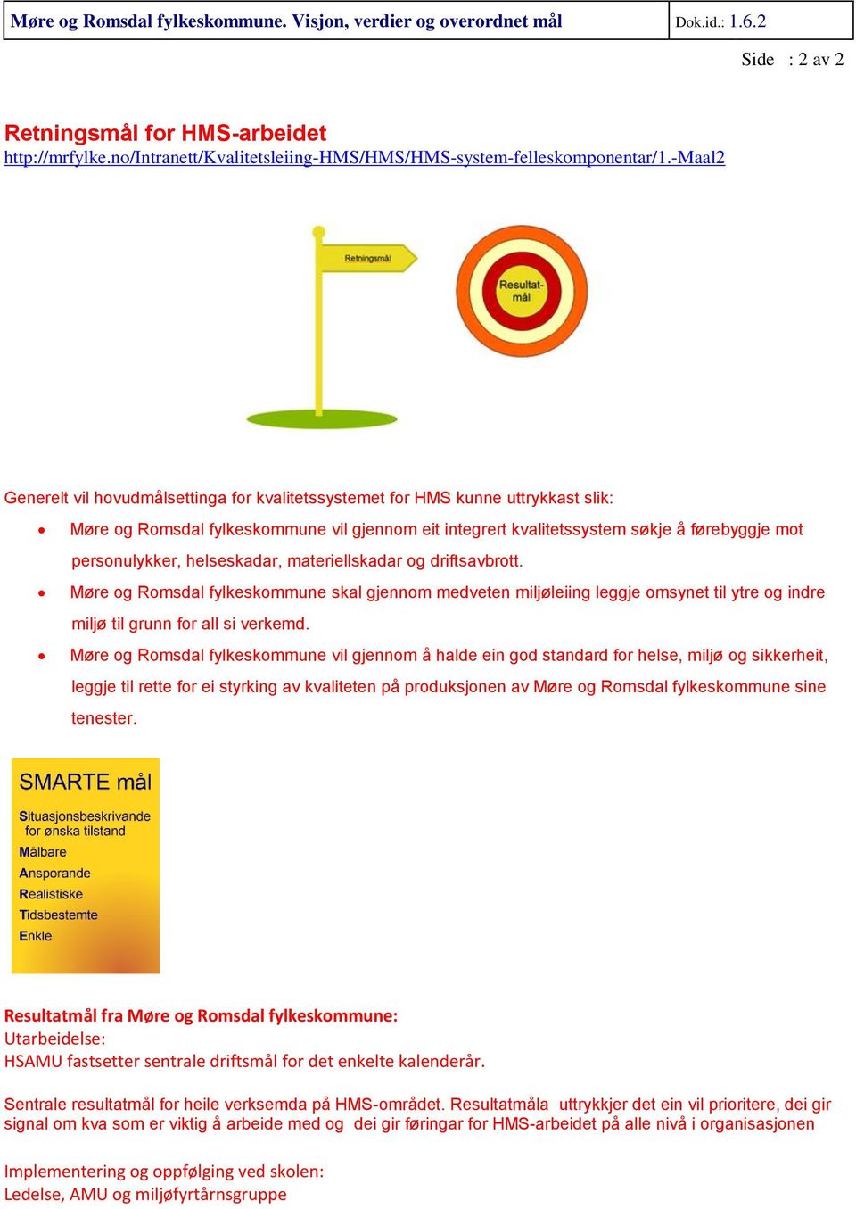 -maal2 Generelt vil hovudmålsettinga for kvalitetssystemet for HMS kunne uttrykkast slik: Møre og Romsdal fylkeskommune vil gjennom eit integrert kvalitetssystem søkje å førebyggje mot personulykker,
