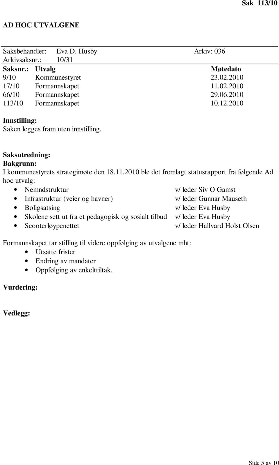 /10 Formannskapet 10.12.2010 Saken legges fram uten innstilling. I kommunestyrets strategimøte den 18.11.