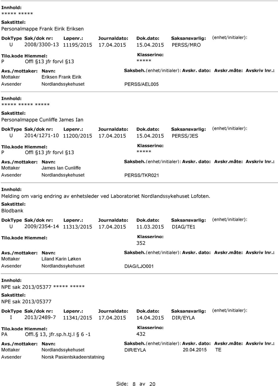 : Mottaker James an Cunliffe ERSS/TKR021 Melding om varig endring av enhetsleder ved Laboratoriet Lofoten. Blodbank 2009/2354-14 11313/2015 11.03.2015 DAG/TE1 352 Avs./mottaker: Navn: Saksbeh. Avskr.