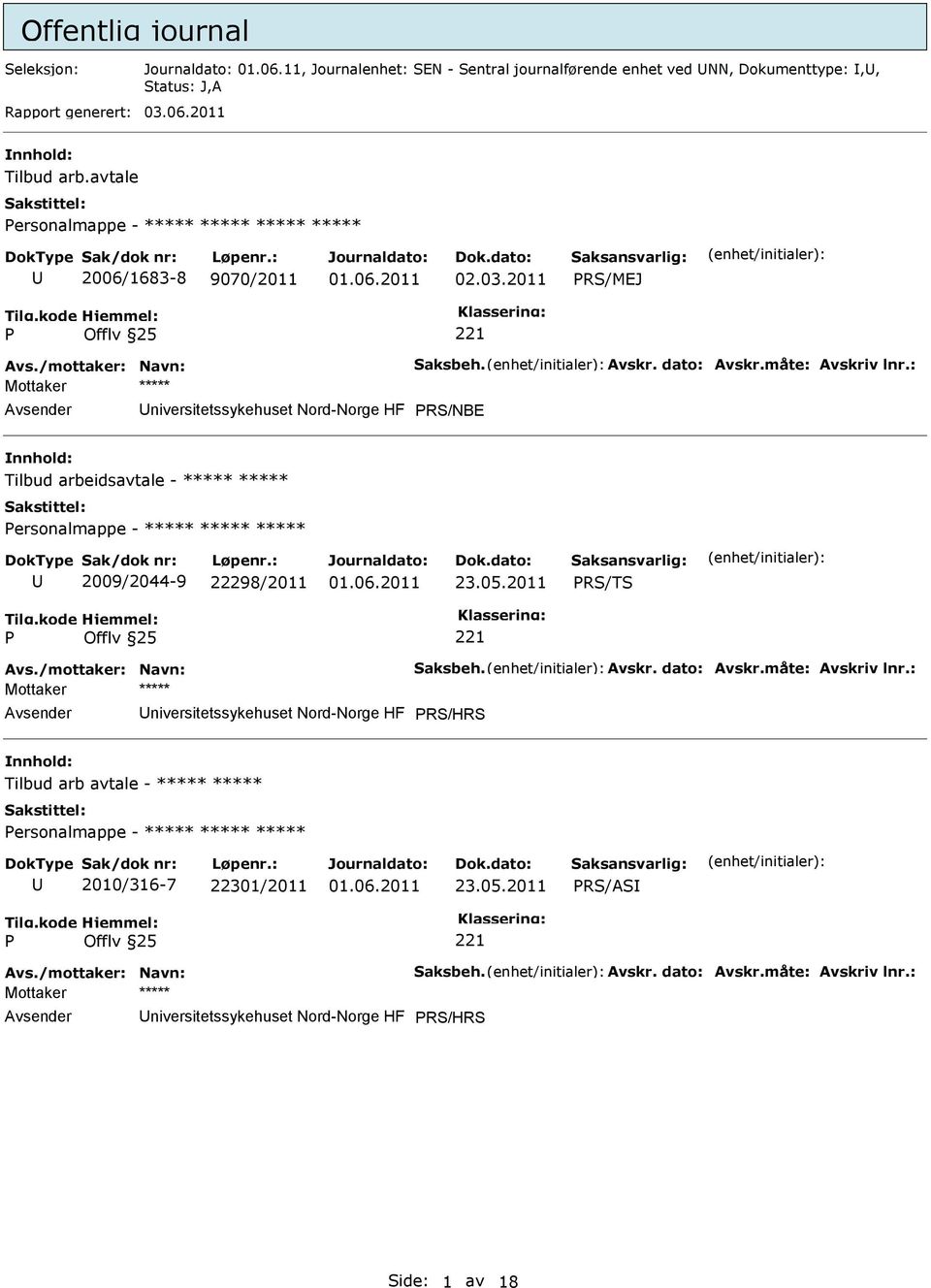 2011 RS/MEJ niversitetssykehuset Nord-Norge HF RS/NBE Tilbud arbeidsavtale - ***** ***** ersonalmappe - ***** ***** ***** 2009/2044-9 22298/2011 23.05.