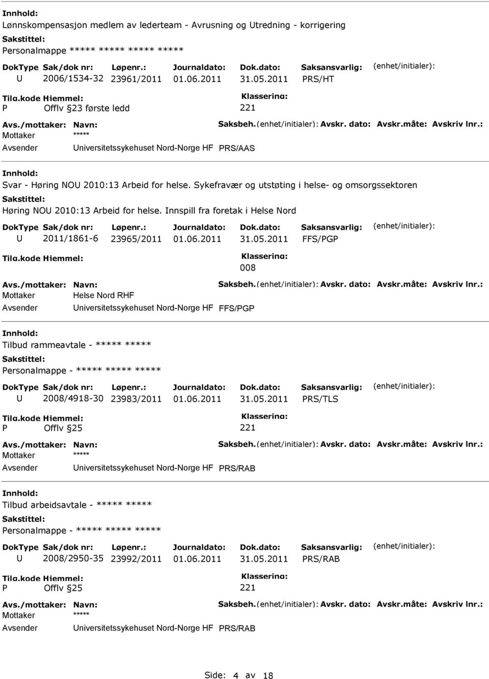 nnspill fra foretak i Helse Nord 2011/1861-6 23965/2011 FFS/G 008 Mottaker Helse Nord RHF niversitetssykehuset Nord-Norge HF FFS/G Tilbud rammeavtale - ***** ***** ersonalmappe - *****