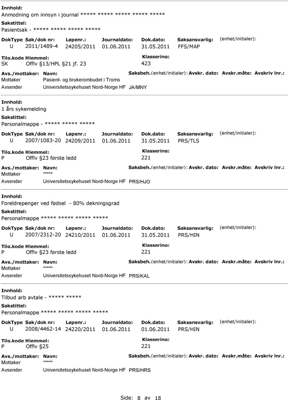 RS/TLS niversitetssykehuset Nord-Norge HF RS/HJO Foreldrepenger ved fødsel - 80% dekningsgrad ersonalmappe ***** ***** ***** ***** 2007/2312-20 24210/2011 RS/HN